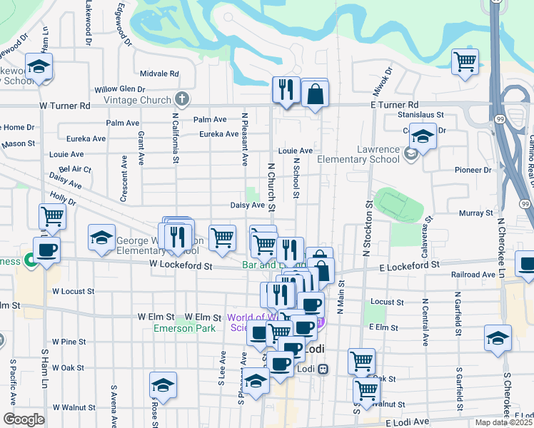 map of restaurants, bars, coffee shops, grocery stores, and more near 509 North Church Street in Lodi