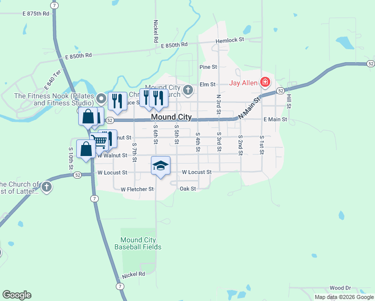 map of restaurants, bars, coffee shops, grocery stores, and more near 414 West Walnut Street in Mound City