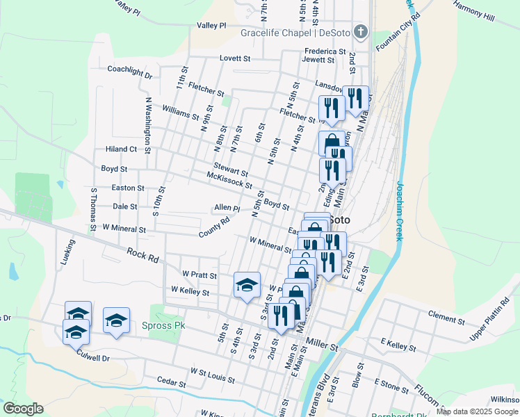 map of restaurants, bars, coffee shops, grocery stores, and more near 115 North 5th Street in De Soto