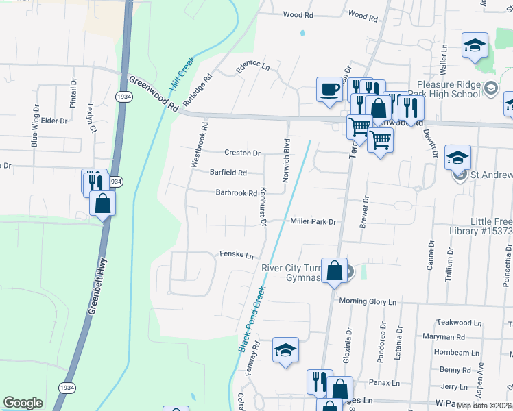 map of restaurants, bars, coffee shops, grocery stores, and more near 7712 Kenhurst Drive in Louisville