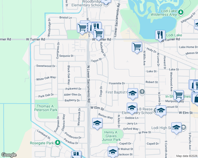 map of restaurants, bars, coffee shops, grocery stores, and more near 2415 Yosemite Drive in Lodi