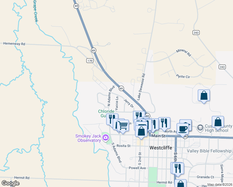 map of restaurants, bars, coffee shops, grocery stores, and more near N Adams Blvd in Westcliffe