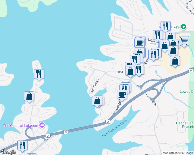 map of restaurants, bars, coffee shops, grocery stores, and more near 1119 Glenwood Drive in Osage Beach