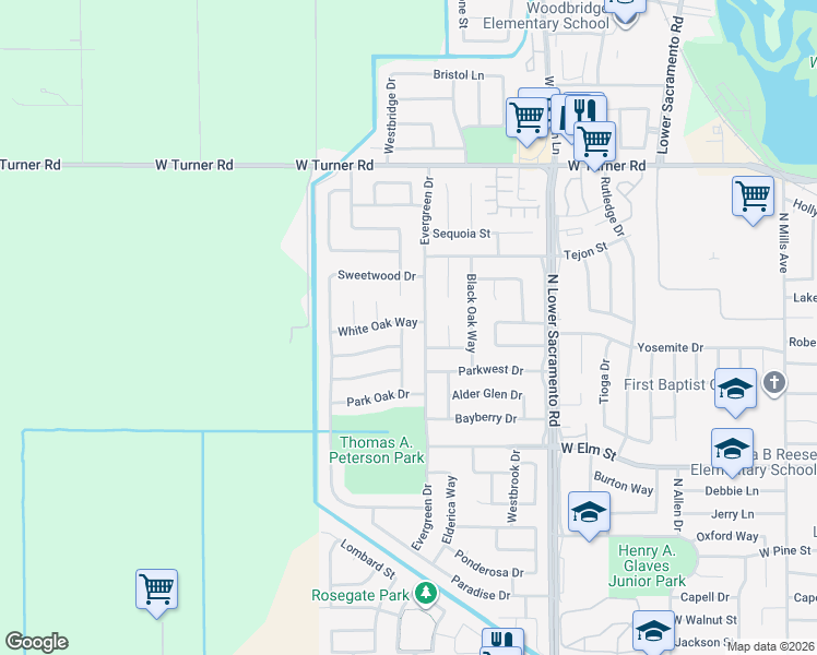 map of restaurants, bars, coffee shops, grocery stores, and more near 438 Cork Oak Way in Lodi