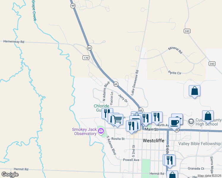 map of restaurants, bars, coffee shops, grocery stores, and more near N Adams Blvd in Westcliffe