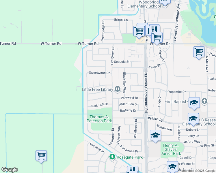 map of restaurants, bars, coffee shops, grocery stores, and more near 438 Cork Oak Way in Lodi