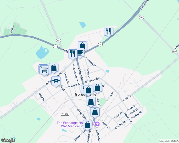 map of restaurants, bars, coffee shops, grocery stores, and more near 413 Gentry Drive in Gordonsville