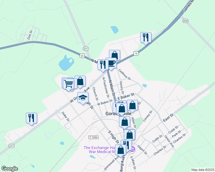 map of restaurants, bars, coffee shops, grocery stores, and more near 501 U.S. 15 in Gordonsville