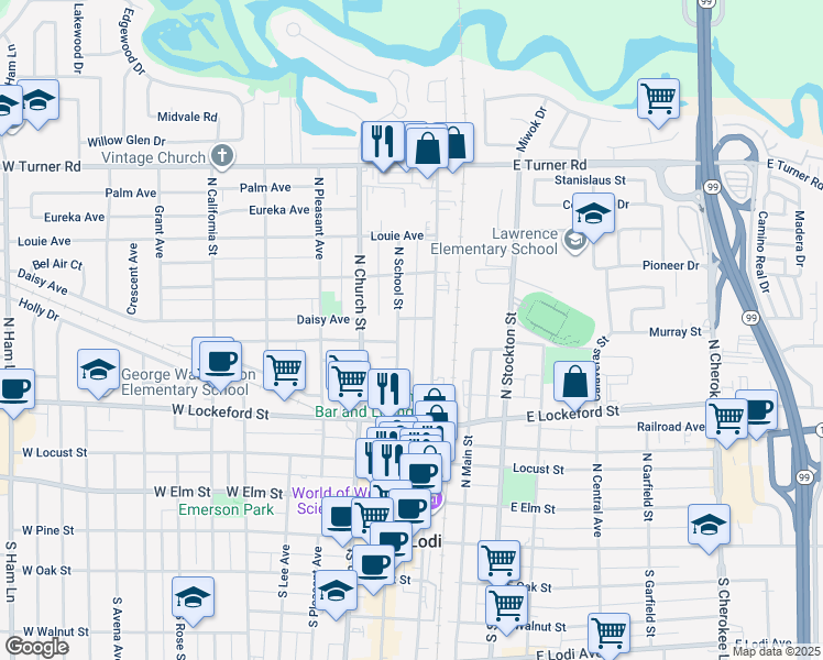 map of restaurants, bars, coffee shops, grocery stores, and more near 523 North Sacramento Street in Lodi