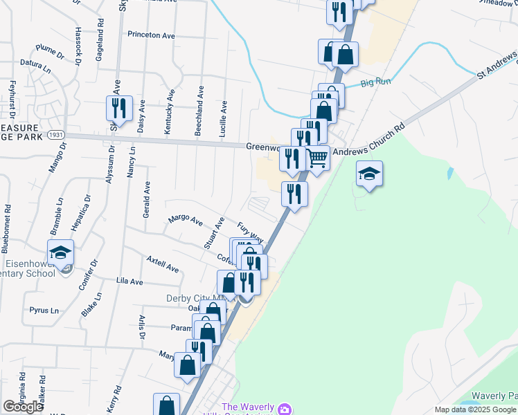 map of restaurants, bars, coffee shops, grocery stores, and more near 7650 Dixie Highway in Louisville