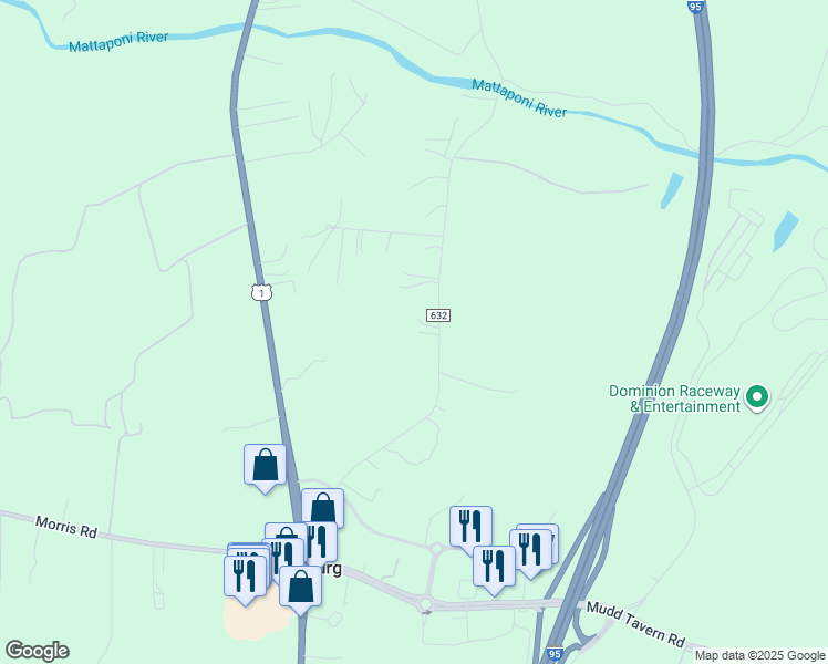 map of restaurants, bars, coffee shops, grocery stores, and more near 6612 South Roxbury Mill Road in Spotsylvania