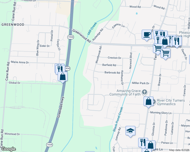 map of restaurants, bars, coffee shops, grocery stores, and more near 7805 Westbrook Road in Louisville