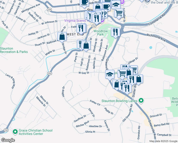 map of restaurants, bars, coffee shops, grocery stores, and more near 107 West Gay Street in Staunton