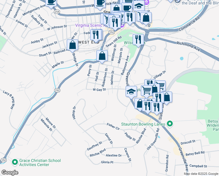 map of restaurants, bars, coffee shops, grocery stores, and more near 1004 Nelson Street in Staunton
