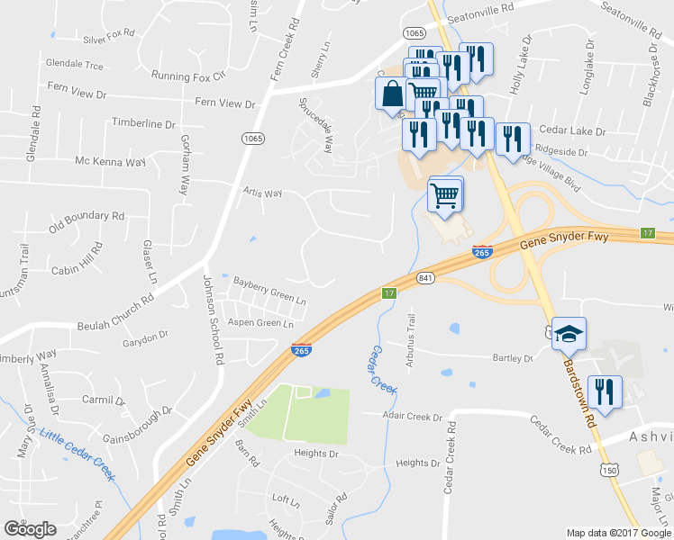 map of restaurants, bars, coffee shops, grocery stores, and more near 7713 Stone Ledge Road in Louisville