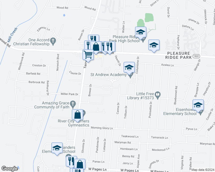 map of restaurants, bars, coffee shops, grocery stores, and more near 6102 Goalby Drive in Louisville