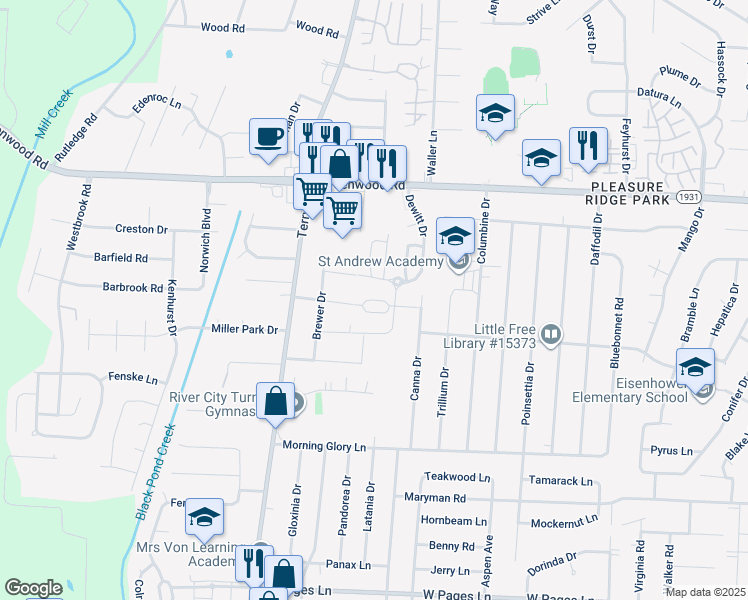 map of restaurants, bars, coffee shops, grocery stores, and more near 6124 Goalby Drive in Louisville