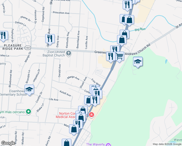 map of restaurants, bars, coffee shops, grocery stores, and more near 8000 Stuart Avenue in Louisville