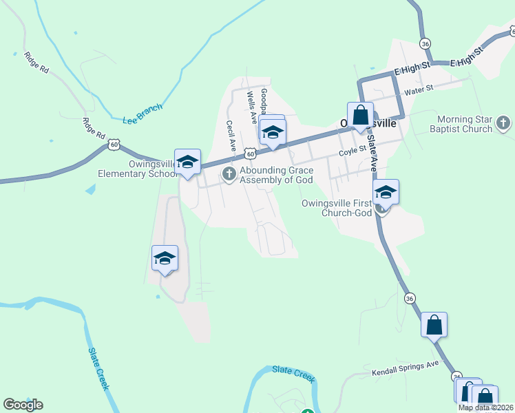 map of restaurants, bars, coffee shops, grocery stores, and more near 217 John An Street in Owingsville