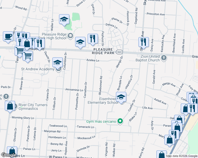 map of restaurants, bars, coffee shops, grocery stores, and more near 7725 Bluebonnet Road in Louisville