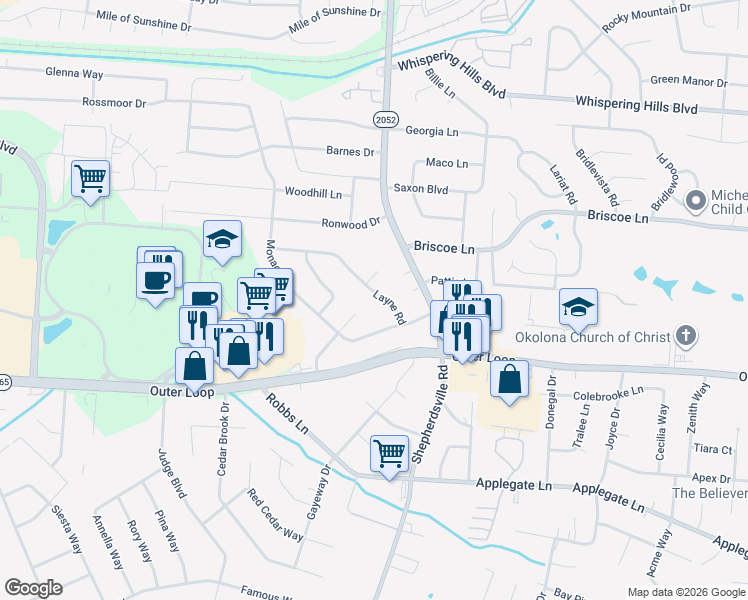 map of restaurants, bars, coffee shops, grocery stores, and more near 5406 Layne Road in Louisville