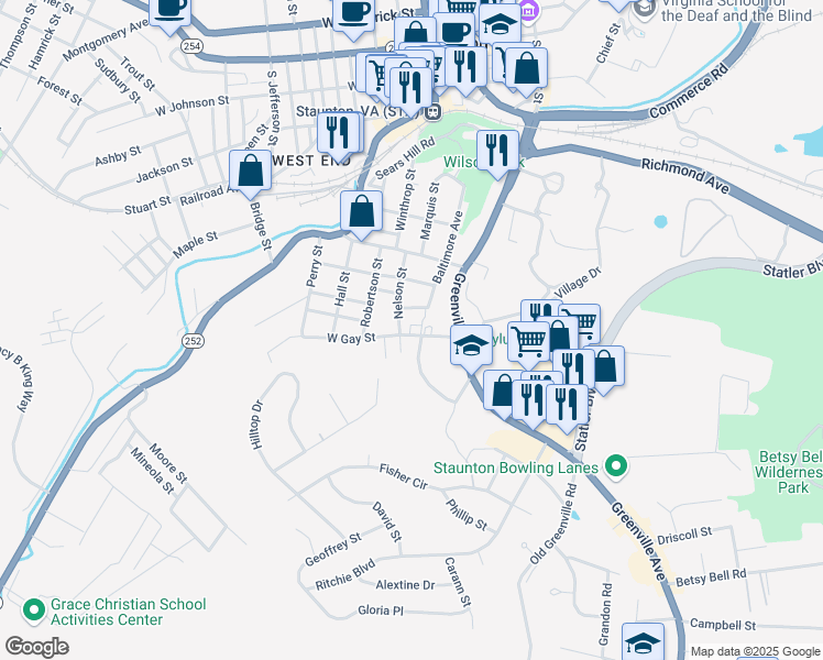 map of restaurants, bars, coffee shops, grocery stores, and more near 9 East Gay Street in Staunton