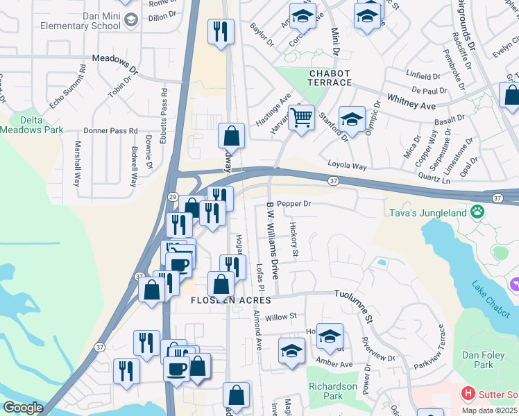 map of restaurants, bars, coffee shops, grocery stores, and more near 372 Lofas Place in Vallejo