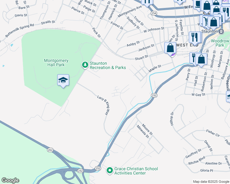 map of restaurants, bars, coffee shops, grocery stores, and more near Seth Drive in Staunton