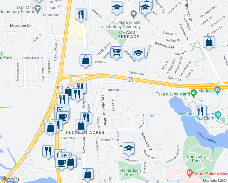 map of restaurants, bars, coffee shops, grocery stores, and more near 136 Nugent Drive in Vallejo
