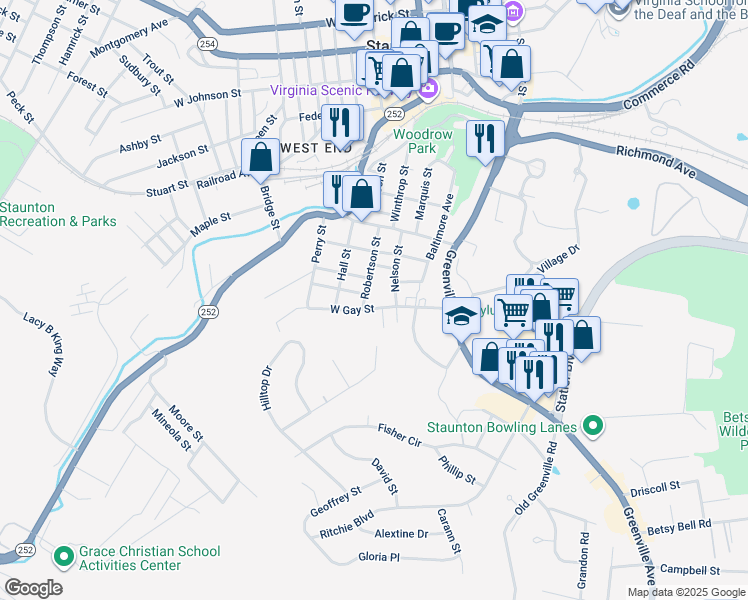 map of restaurants, bars, coffee shops, grocery stores, and more near 107 West Gay Street in Staunton
