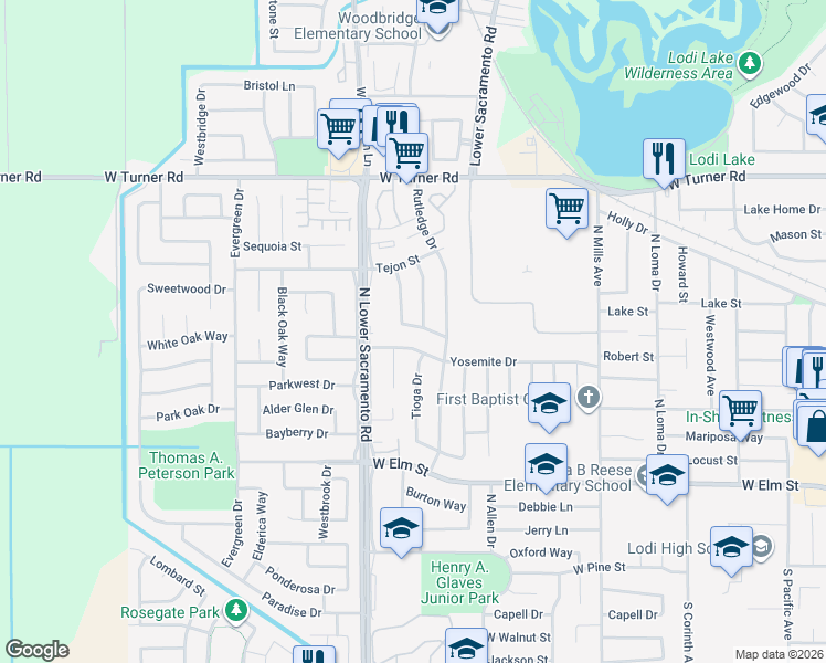 map of restaurants, bars, coffee shops, grocery stores, and more near 2415 Yosemite Drive in Lodi