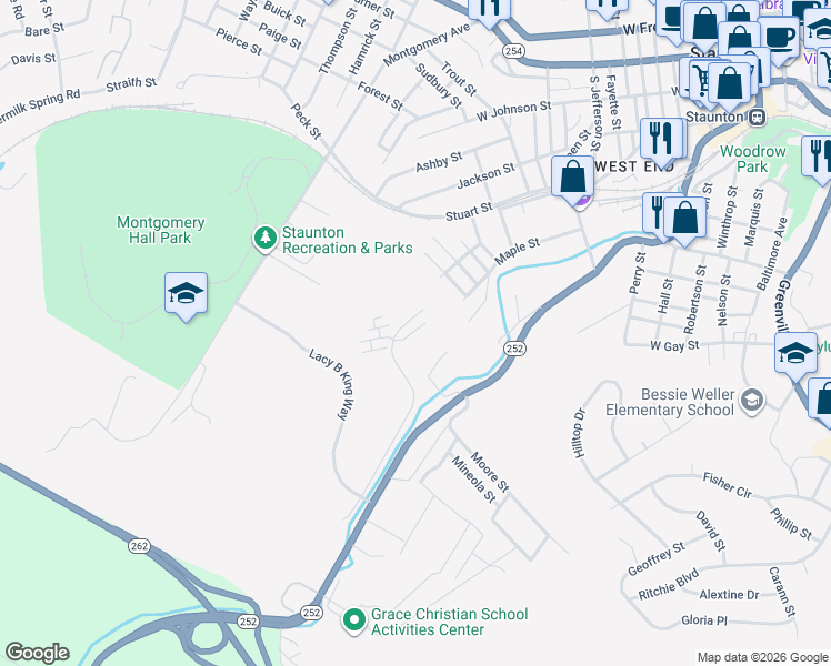 map of restaurants, bars, coffee shops, grocery stores, and more near 1008 Seth Drive in Staunton