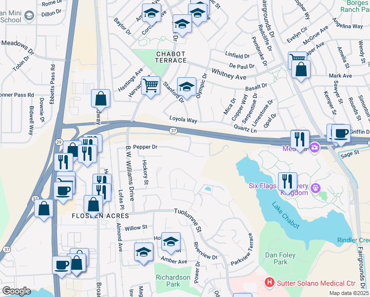 map of restaurants, bars, coffee shops, grocery stores, and more near 384 Pepper Drive in Vallejo