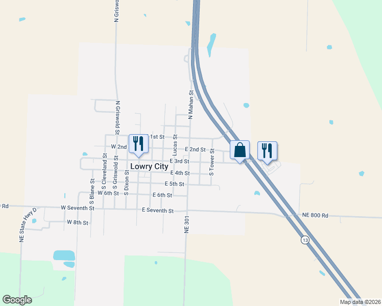 map of restaurants, bars, coffee shops, grocery stores, and more near 500-502 East 3rd Street in Lowry City