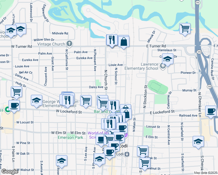 map of restaurants, bars, coffee shops, grocery stores, and more near 509 North Church Street in Lodi
