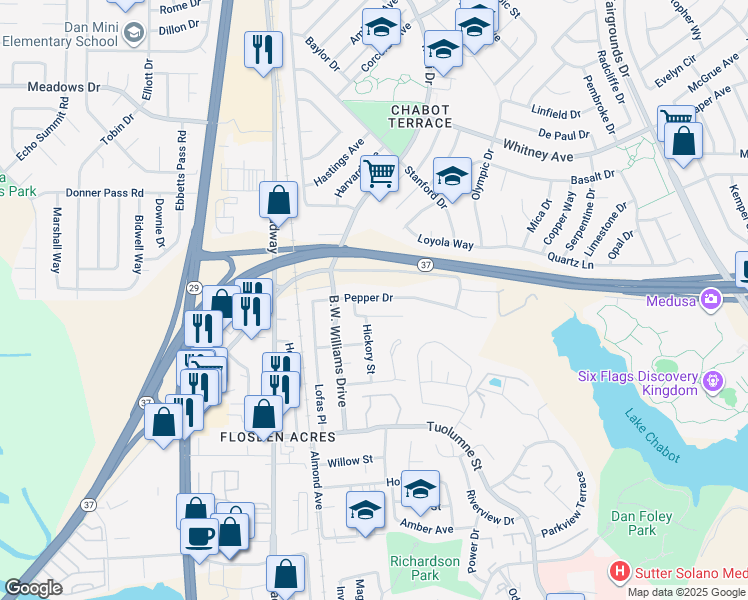 map of restaurants, bars, coffee shops, grocery stores, and more near 136 Nugent Drive in Vallejo