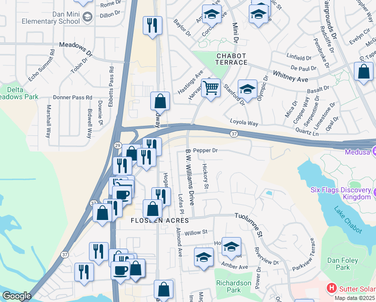 map of restaurants, bars, coffee shops, grocery stores, and more near B.W. Williams Drive & Pepper Dr in Vallejo