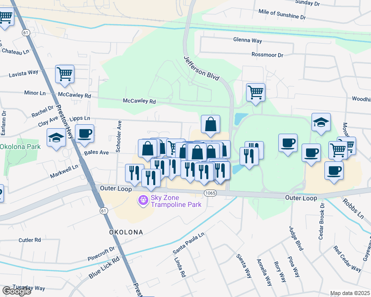 map of restaurants, bars, coffee shops, grocery stores, and more near 7500 Beechview Way in Louisville