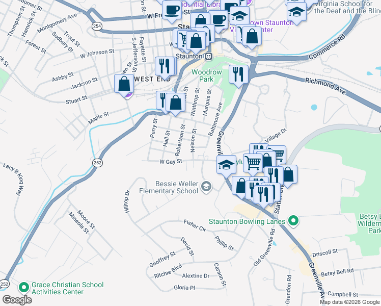 map of restaurants, bars, coffee shops, grocery stores, and more near 924 Nelson Street in Staunton