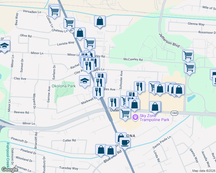 map of restaurants, bars, coffee shops, grocery stores, and more near 1210 Bates Avenue in Louisville