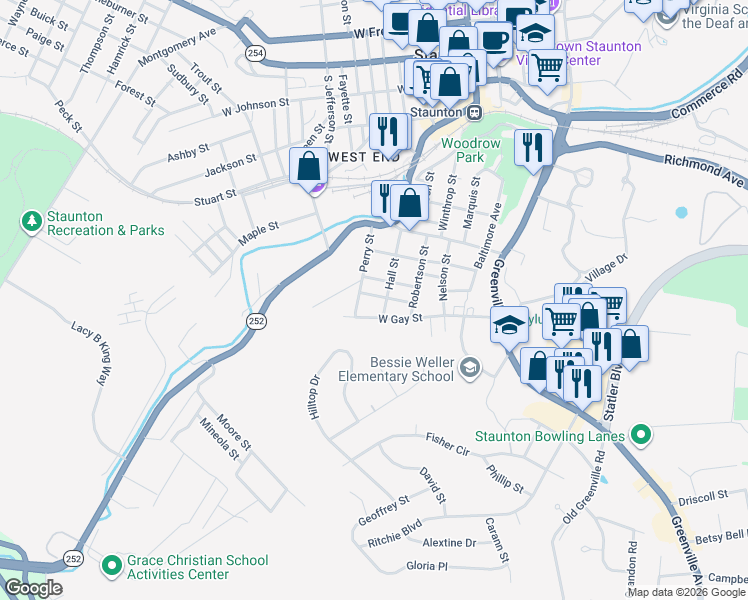 map of restaurants, bars, coffee shops, grocery stores, and more near 160 West Gay Street in Staunton