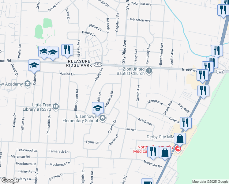 map of restaurants, bars, coffee shops, grocery stores, and more near 7721 Alyssum Drive in Louisville