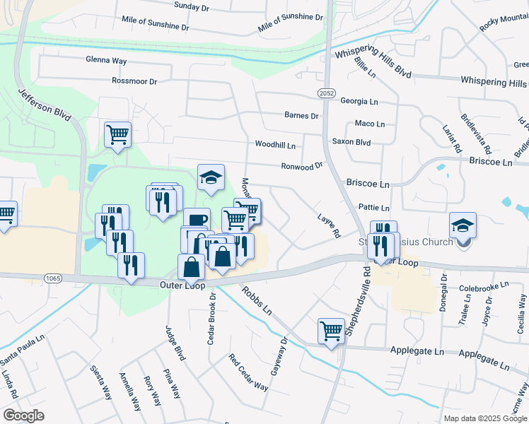map of restaurants, bars, coffee shops, grocery stores, and more near 5212 Monaco Drive in Louisville