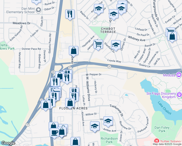 map of restaurants, bars, coffee shops, grocery stores, and more near 136 Nugent Drive in Vallejo