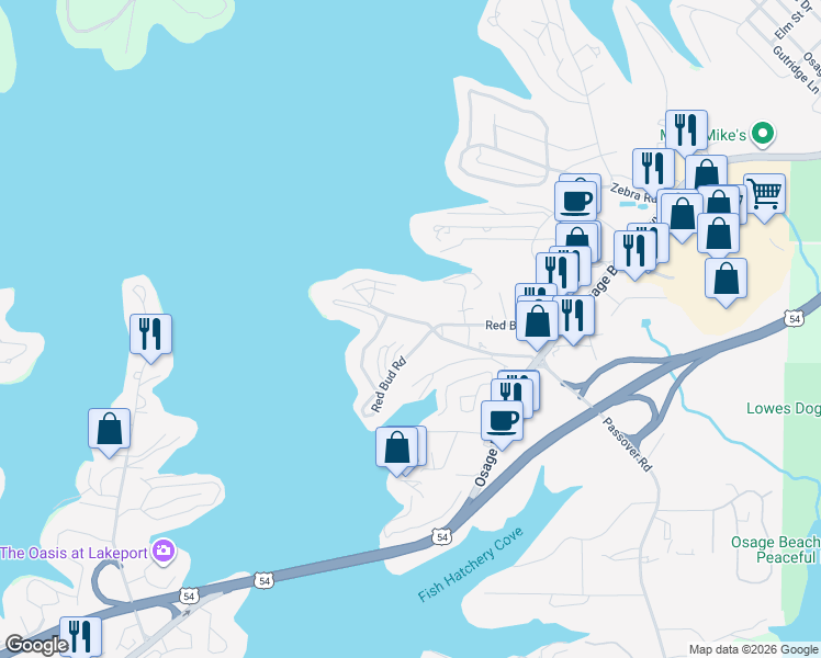 map of restaurants, bars, coffee shops, grocery stores, and more near 1119 Glenwood Drive in Osage Beach