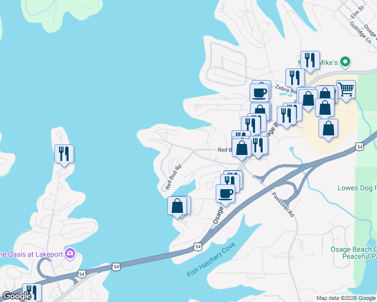 map of restaurants, bars, coffee shops, grocery stores, and more near 1104 Red Bud Road in Osage Beach