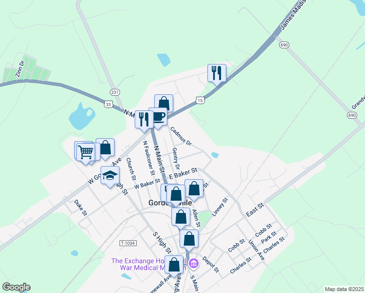 map of restaurants, bars, coffee shops, grocery stores, and more near 305 Cadmus Circle in Gordonsville