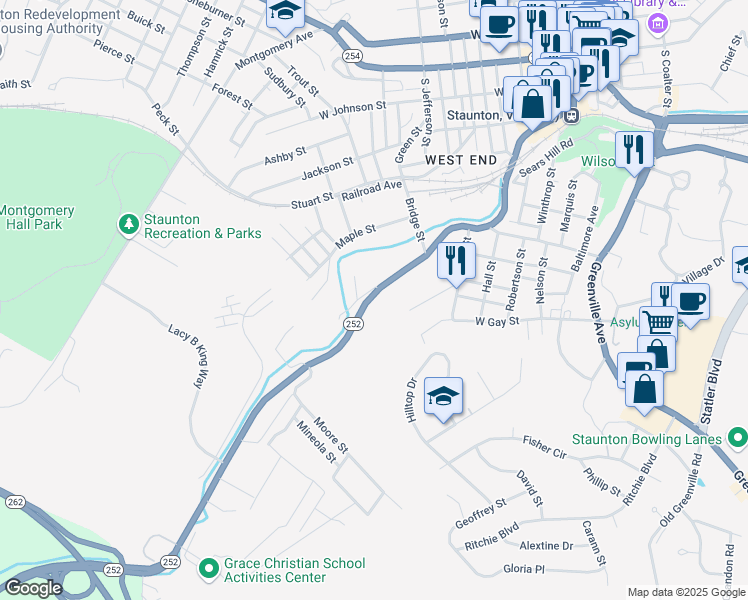 map of restaurants, bars, coffee shops, grocery stores, and more near 962 Highway 252 in Staunton