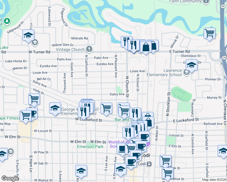 map of restaurants, bars, coffee shops, grocery stores, and more near 629 North Pleasant Avenue in Lodi