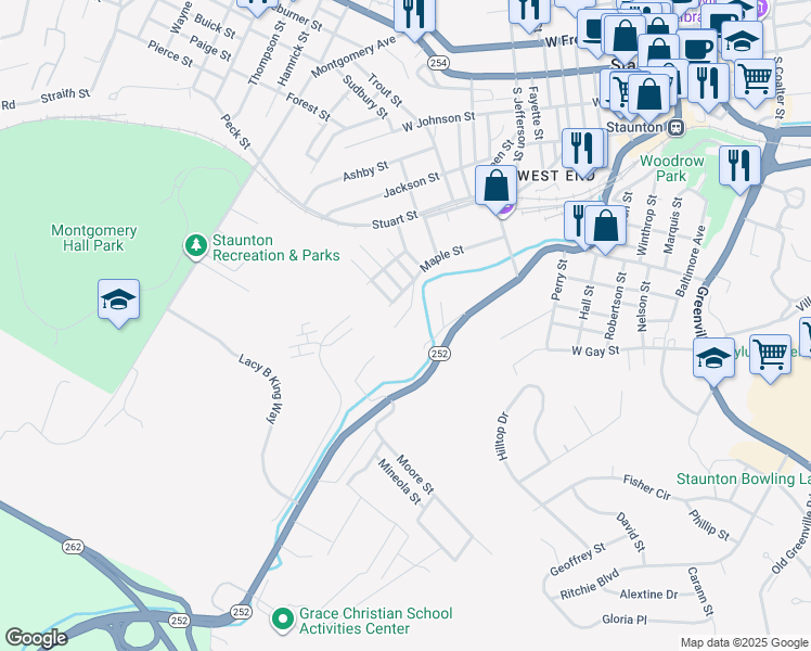 map of restaurants, bars, coffee shops, grocery stores, and more near 1205 Burnett Street in Staunton
